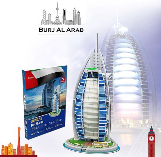 Ainy - 3D puzzel Burj Al Arab Jumeirah Dubai: Miniatuur bouwpakket / speelgoed knutselpakket - hobby puzzels gebouwen en creatief modelbouw voor kinderen & volwassenen | 24 stukjes - 16x15.6x31cm
