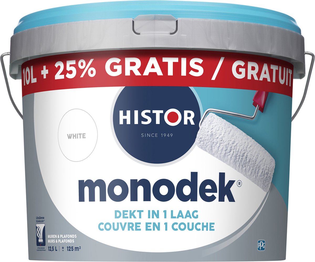 Histor Monodek Muurverf Mat - Dekt in 1 Laag - Afwasbaar - Geschikt voor Binnen - 12.5L - Wit - Histor