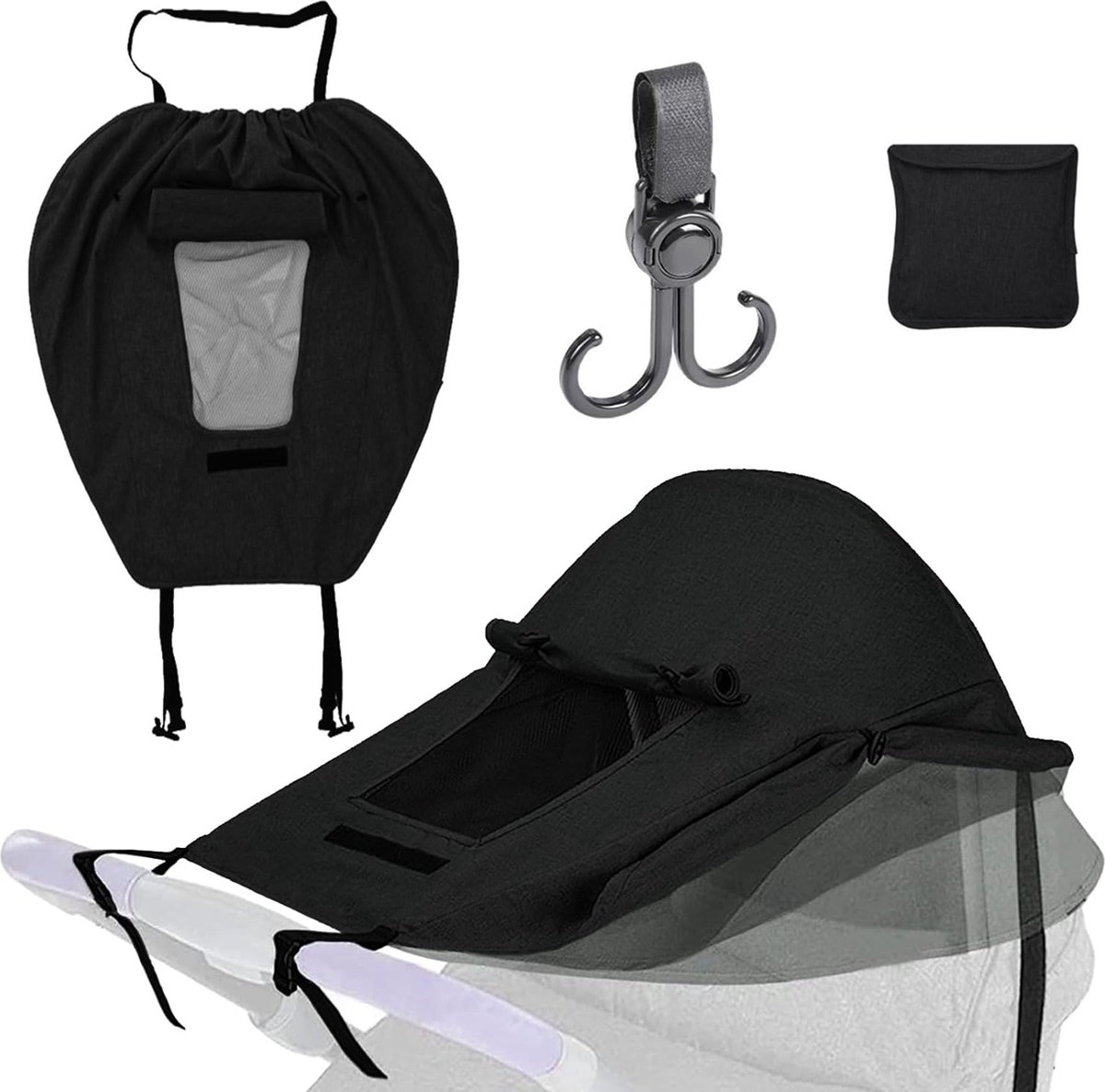 Universele zonnezeil voor kinderwagen, zonnezeil voor kinderwagen, met kijkvenster en zijvleugels, verstelbaar, uv-bescherming 50+ en waterdicht (zwart)