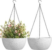 Bloempot, hangend, plastic, set van 2, diameter 30 cm, hangpot voor planten, wit, bloemenhanger met haak, rond, groot, voor binnen en buiten, hangende bloempot, decoratie om op te hangen, voor