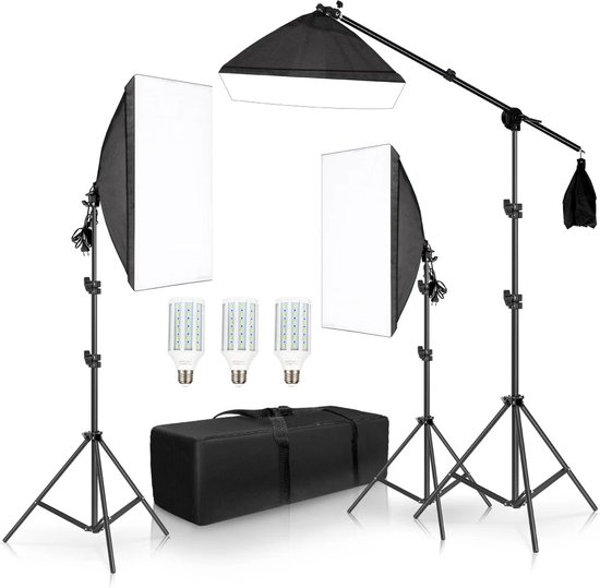 Foto: Volda softbox set studiolampen 50cmx70cm set met 3 stuks verstelbaar werkhoogte 70 200cm inclusief 135w day light bulb draagtas