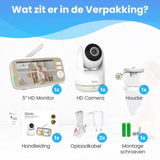 Zevio Babyfoon met Camera - Baby Monitor - 5 Inch HD Scherm - Op afstand bestuurbaar - Bestverkocht - Zevio