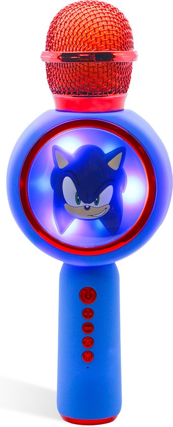 Blauwe microfoon met rode microfoonkamer en Sonic-gezicht in een oplichtend LED-display.