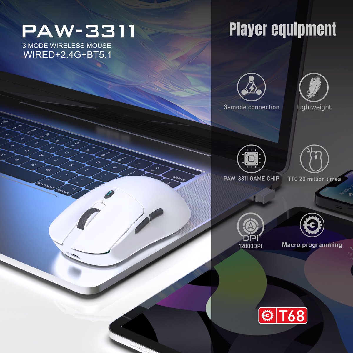 Fuegobird T68 Gaming Muis - 54g Ultra Lichtgewicht thumbnail 6