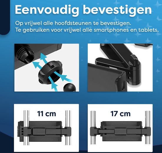 Zwarte houders met afmetingen 11 cm en 17 cm voor hoofdsteunen.