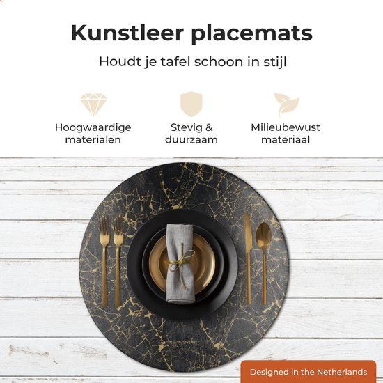 Castagnola Napperons aspect cuir - Napperons ronds - Set de table antidérapant en simili cuir - Sous-couche hydrofuge - Dessous de verre - 6 pièces - Diamètre 38 cm - Zwart/ Or