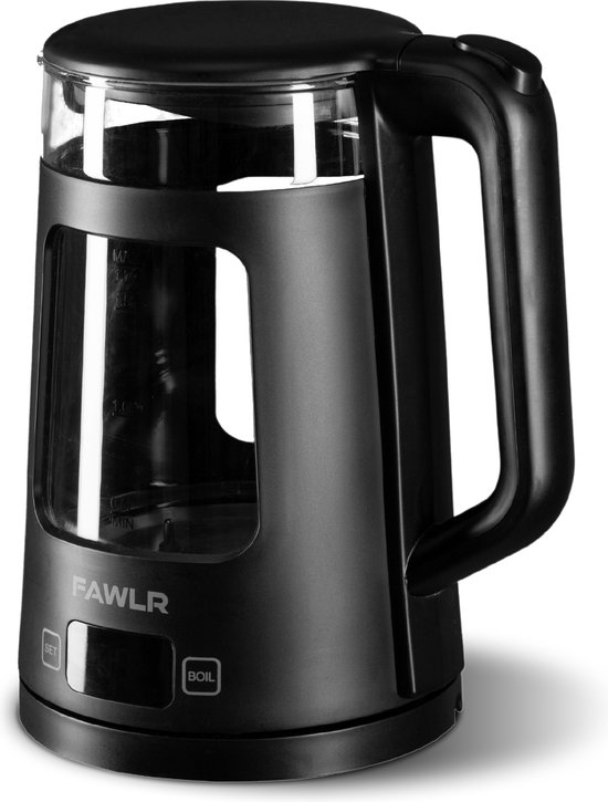 Zwarte waterkoker van glas met een zwart handvat en deksel.