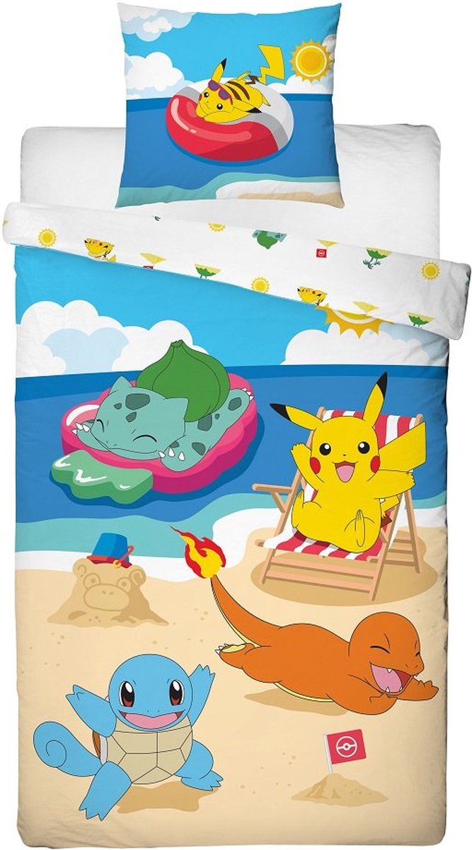 Pokémon Dekbedovertrek 140x200 cm - Pikachu en Vrienden op het Strand - Microvezel Beddengoed + Kussensloop 63x63cm