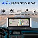 Dashboard met 4G LTE upgrade voor de auto. Iconen tonen Android, ADAS, Steaming Video, Dual CHS, GPS Navi. Navigatiescherm toont een kaart.