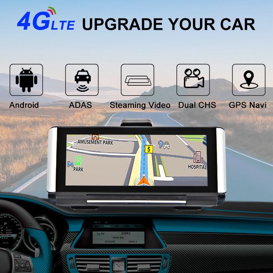 Dashboard met 4G LTE upgrade voor de auto. Iconen tonen Android, ADAS, Steaming Video, Dual CHS, GPS Navi. Navigatiescherm toont een kaart.