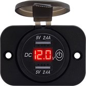 ProRide® 12V USB Stopcontact 2 Poorten Inbouw met Schakelaar/Voltmeter - 5V/2.4A - USB Autolader, Boot en Camper - Complete set - Rood