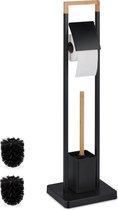 Relaxdays toiletaccessoires set - rvs - toiletborstel met houder - bamboe - vrijstaand - zwart