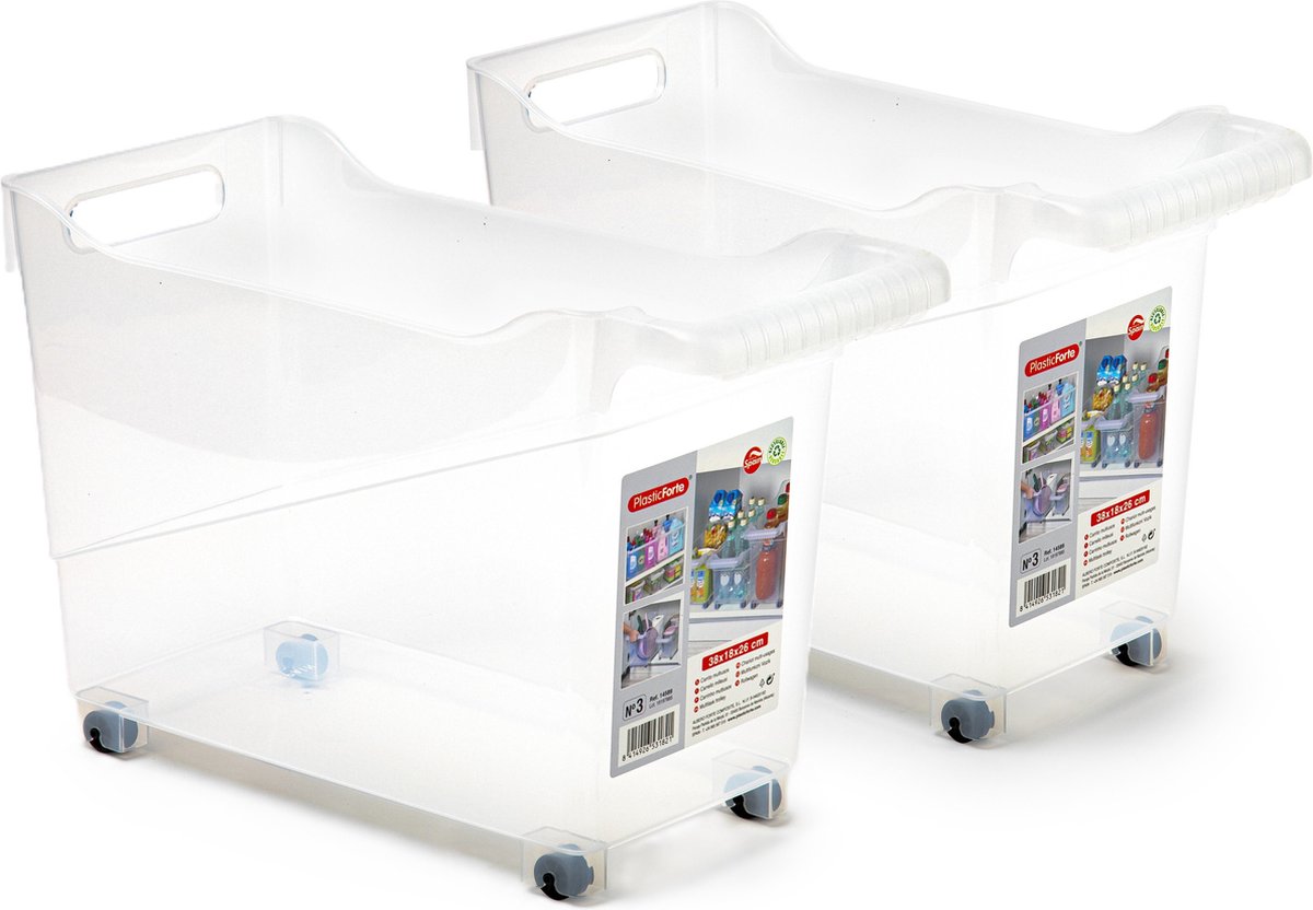 Plasticforte opberg Trolley Container - 2x - transparant - L38 x B18 x H26 cm - kunststof - Opberg trolley