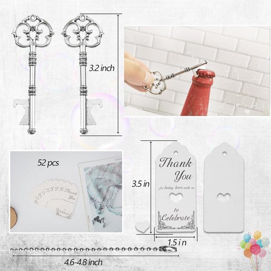 Makhry 52 stuks kroonvormige vintage sleutel flesopener huwelijksgeschenken voor gasten souvenir geschenkset met begeleiding bedankje labels en