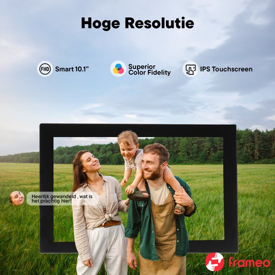 Frameo 10.1" HD IPS touchscreen digitale fotolijst met 16GB opslag.