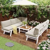 Sweiko Aluminium tuinloungeset, tuinmeubelset, loungeset voor 5-6 personen, 2-hoekbanken, 1-tafel inclusief 11-beige kussens, wit aluminium frame met beschermvoeten