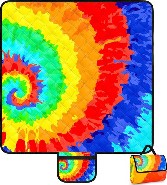 Stranddeken Zandvrij, 200 x 200 cm Outdoor Waterdichte Opvouwbare Picknickdeken voor 4-6 Personen, Lichtgewicht en Draagbare Campingdeken met Draaggreep, Strandmat voor Wandelen, Park, Reizen - Tie Dye