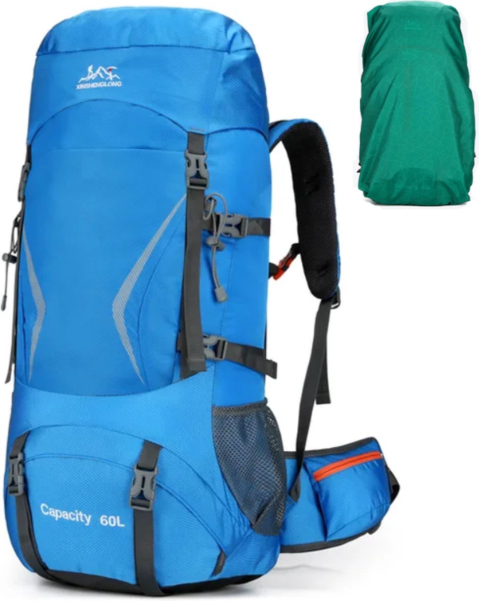 Avoir Avoir®- Hiking Backpack 60L -Licht Blauw-Groot Capaciteitsontwerp -Backpacks- Waterdicht Nylon - 35x23x72cm - Ingebouwd Drinksysteem - Molle-systeem - Reflecterende Strips - Inclusief Regenhoes- Rugzak - Bol.com