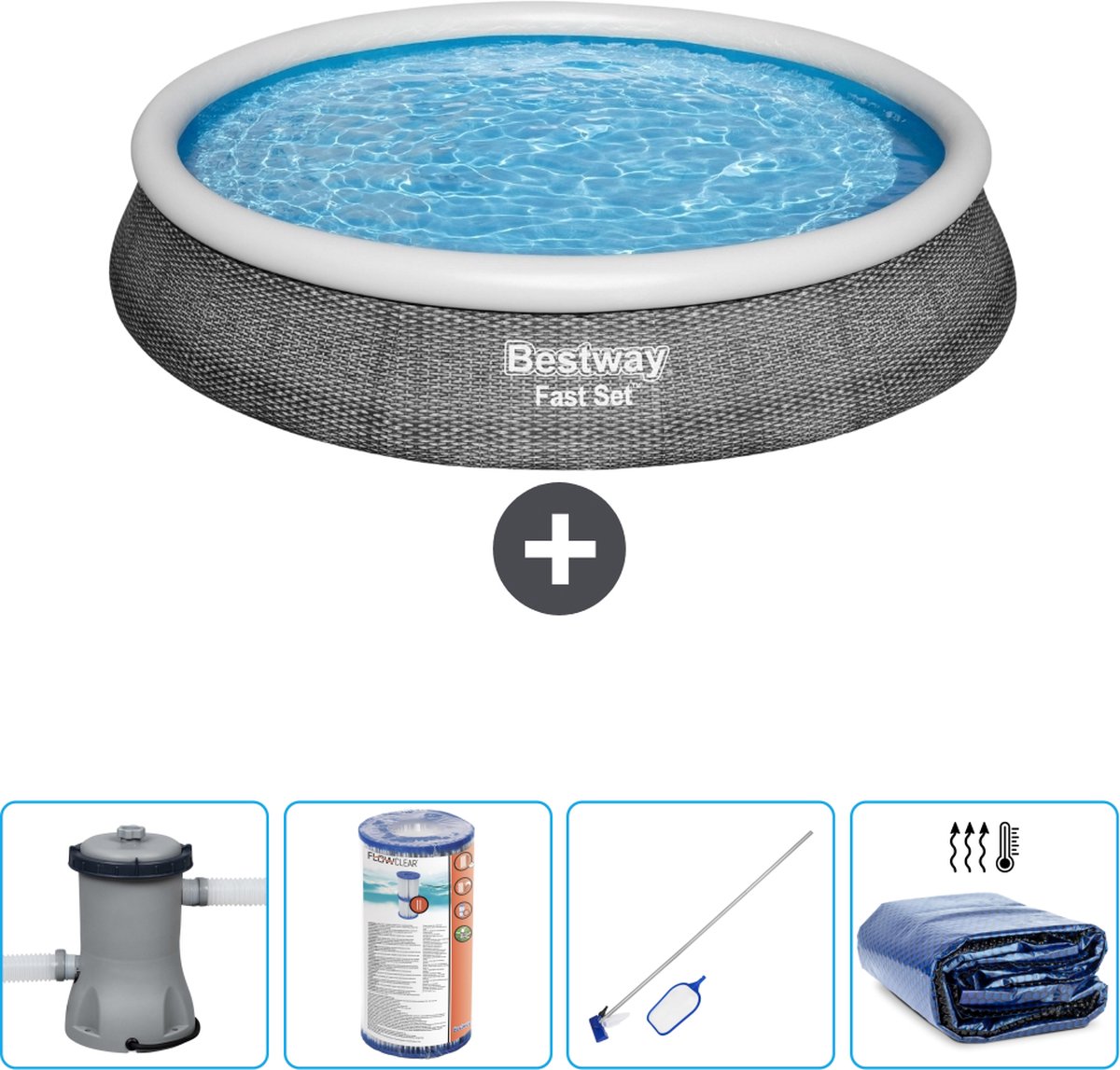 Bestway Rond Opblaasbaar Fast Set Zwembad - Rotanprint - 396 x 84 cm - Inclusief Pomp Filter - Schoonmaakset - Solarzeil