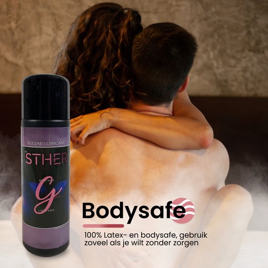 Fles STHER Silicone Lubricant bij een omhelzend stel, met tekst "Bodysafe" en "100% latex- en bodisafe, gebruik zoveel als je wilt zonder zorgen."