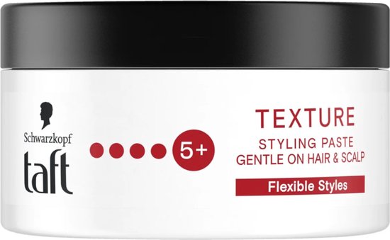 Schwarzkopf taft styling paste textuur 5+ met rode stipjes en rode tekst.