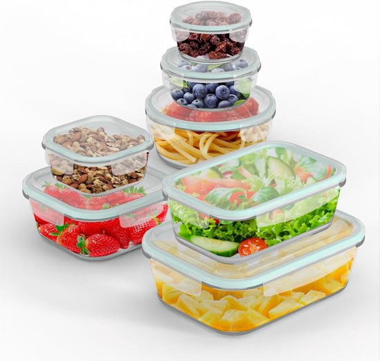 Glazen containers met deksel, 14 stuks (7 containers + 7 deksels), voedselbewaarcontainers, voorraadcontainers set, transparant eersteklas, BPA-vrij