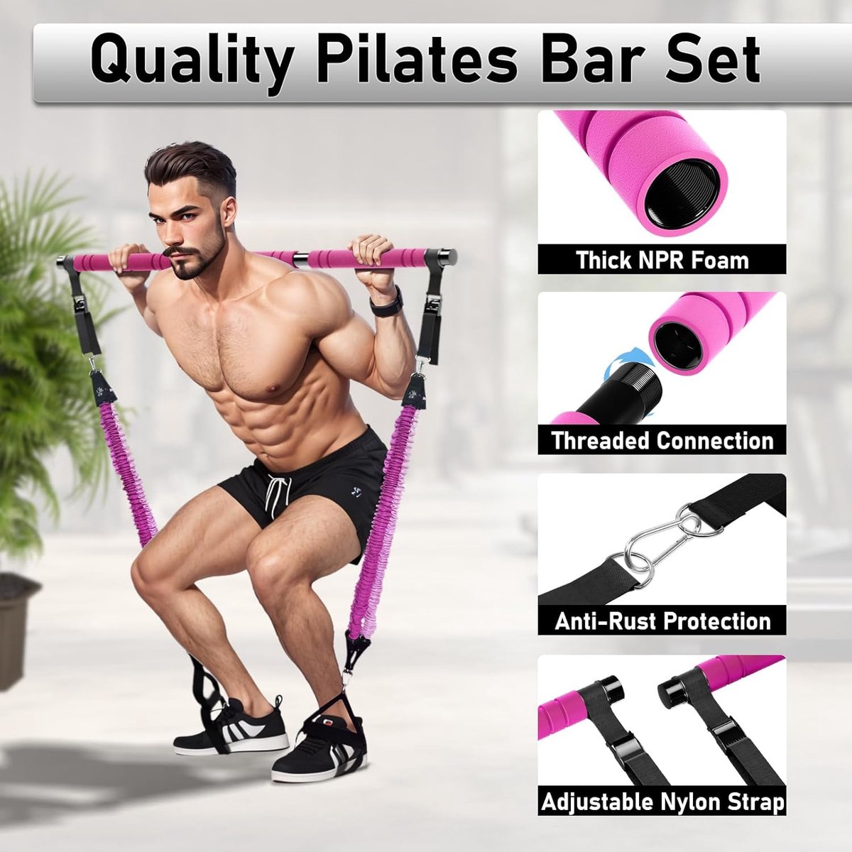 ALongSong Bandas de Resistencia Juego de Barra de Pilates con 4 Bandas de Ejercicio de Látex 30/40lbs Entrenamiento en Casa para Yoga, Estiramiento
