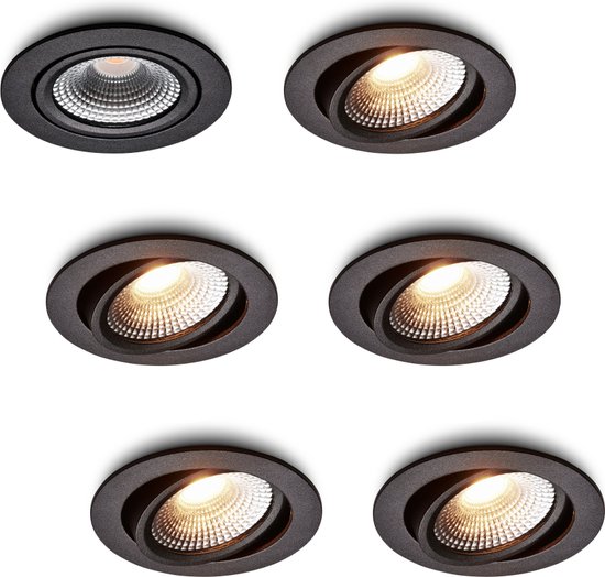 Ledisons LED-inbouwspot Vivaro set 6 stuks zwart dimbaar - Ø85 mm - 5 jaar garantie - 2200K (flame-wit) - 450 lumen - 5 Watt - IP54