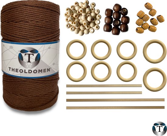 Macramé Pakket | 200 METER | Incl. Handleiding | Bruin | Starter Set | Ringen | Kralen |Stokken | Macramé Touw | 3mm | 100% Katoen | Macramé | Decoratie | DIY | Doe Het Zelf | Wandkleed | Dromenvanger | Plantenhanger | Tassen | TheOldOmen |