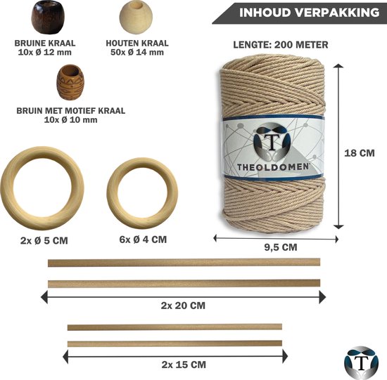 Macramé Pakket | 200 METER | Incl. Handleiding | Earth | Starter Set | Ringen | Kralen |Stokken | Macramé Touw | 3mm | 100% Katoen | Macramé | Decoratie | DIY | Doe Het Zelf | Wandkleed | Dromenvanger | Plantenhanger | Tassen | TheOldOmen |