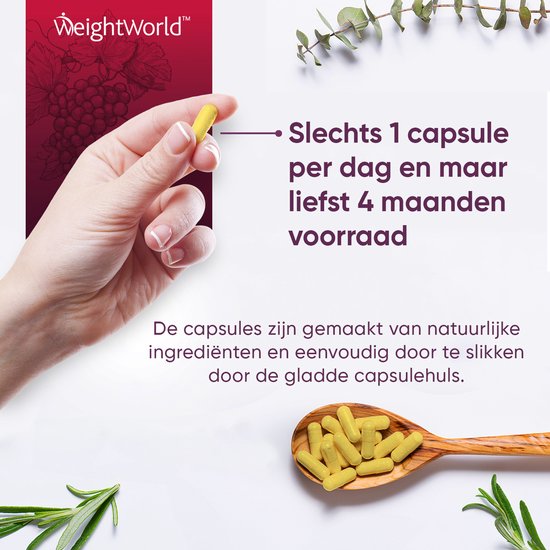 WeightWorld Trans Resveratrol met Quercetine - 120 Resveratrol capsules 500 mg voor 4 maanden voorraad - Vegan - Weight World