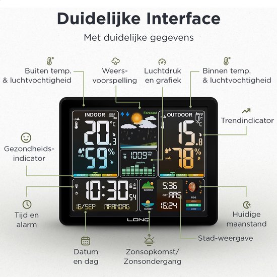 LONQ Weerstation Binnen en Buiten - 18 Functies - Draadloos Weerstation met Buitensensor - Thermometer Hygrometer - Kleurendisplay - DCF Gestuurde Klok