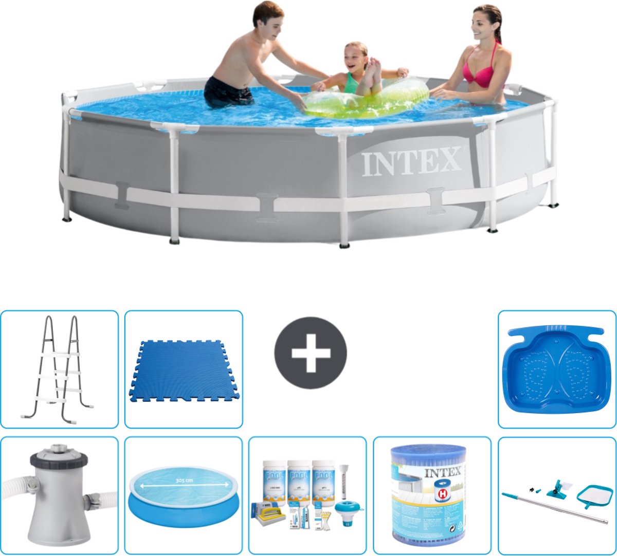 Intex Rond Prism Frame Zwembad – 305 x 76 cm – Grijs – Inclusief Pomp Solarzeil – Onderhoudspakket – Filter – Schoonmaakset – Ladder – Voetenbad – Vloertegels Intex Rond Prism Frame Zwembad – 305 x 76 cm – Grijs – Inclusief Pomp Solarzeil – Onderhoudspakket – Filter – Schoonmaakset – Ladder – Voetenbad – Vloertegels