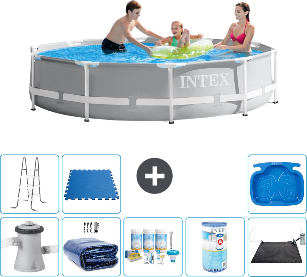 Intex Rond Prism Frame Zwembad – 305 x 76 cm – Grijs – Inclusief Pomp Solarzeil – Onderhoudspakket – Filter – Solar Mat – Ladder – Voetenbad – Vloertegels
