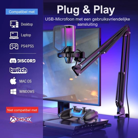 FIFINE A6T - USB Studio microfoon - PC-Gaming Met Flexibele Arm ( 66cm! ) - Geschikt voor PC/PS4/PS5 - RGB - Podcast - Gaming - Streaming - Zwart - Fifine
