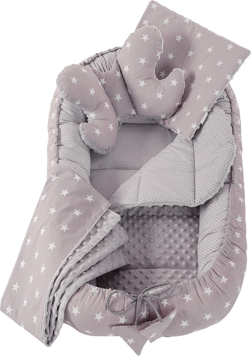 Image of 5-delige babynestset 100 x 60 x 15 cm, uitneembaar inzetbed, knuffelnest, kruipdeken, baby, newborn, 100% katoen (grijze sterren met grijze minky)