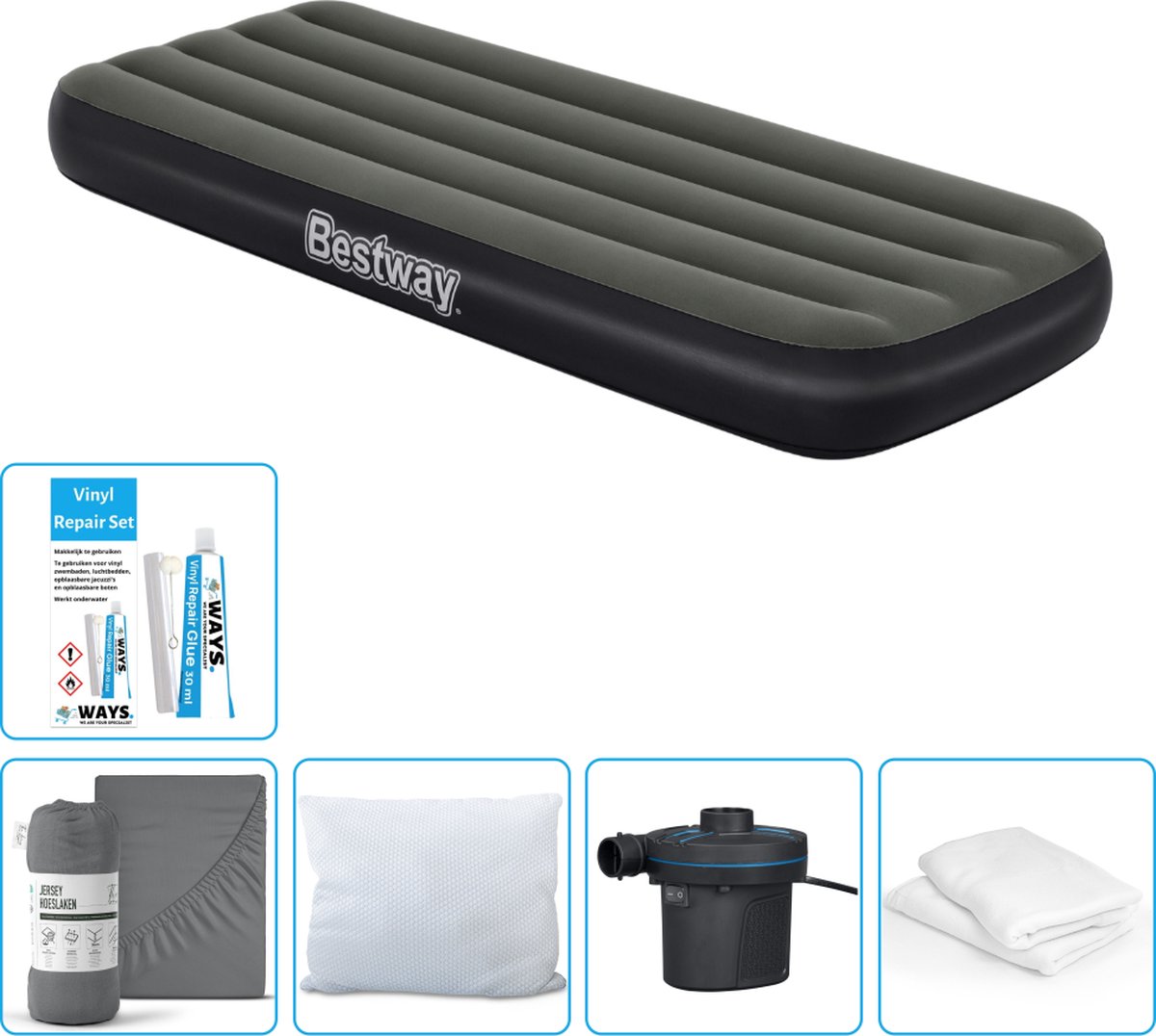 Bestway luchtbed - 1-Persoons - 76 x 185 x 25 cm - Groen - Inclusief Hoeslaken - Kussen - Kussenbeschermer - Pomp en Reparatieset