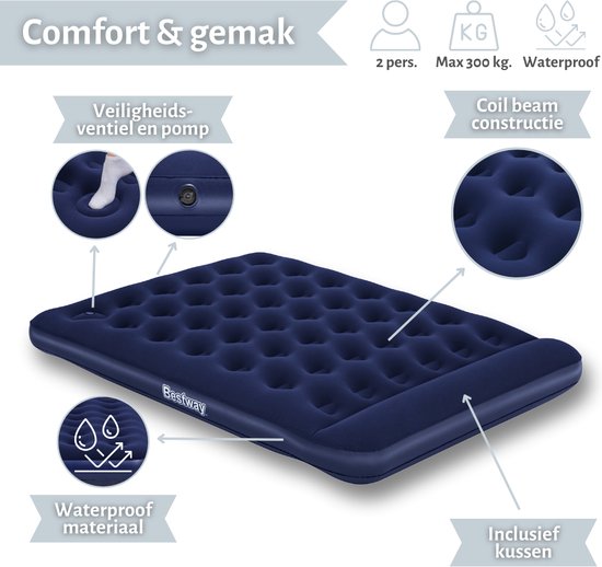 Bestway luchtbed - 2-Persoons - 152 x 203 x 28 cm - Blauw - Inclusief pomp - Hoeslaken - Pomp en Reparatieset van Bestway — afbeelding 5