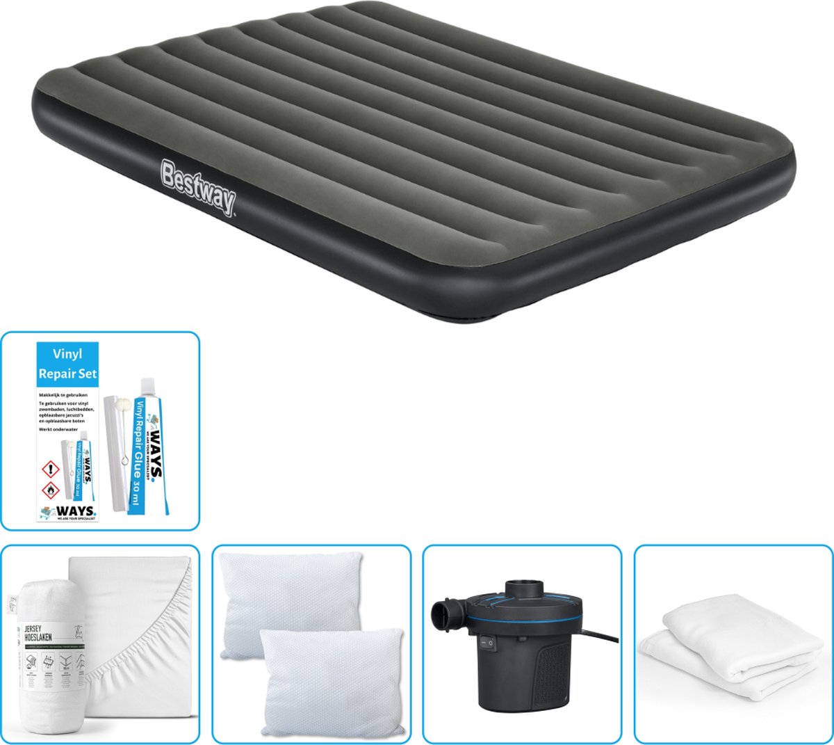 Bestway luchtbed - 2-Persoons - 152 x 203 x 25 cm - Groen - Inclusief Hoeslaken - Kussen - Kussenbeschermer - Pomp en Reparatieset