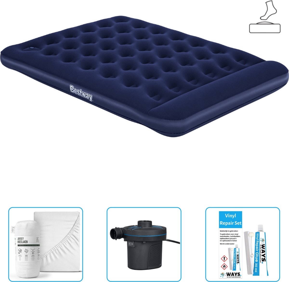 Bestway luchtbed - 2-Persoons - 152 x 203 x 28 cm - Blauw - Inclusief pomp - Hoeslaken - Pomp en Reparatieset