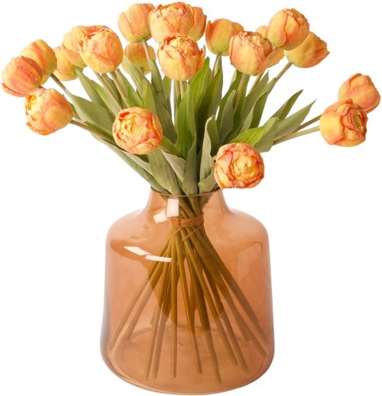Winq -Kunstboeket met 21 tulpen in oranje- incl. vaas
