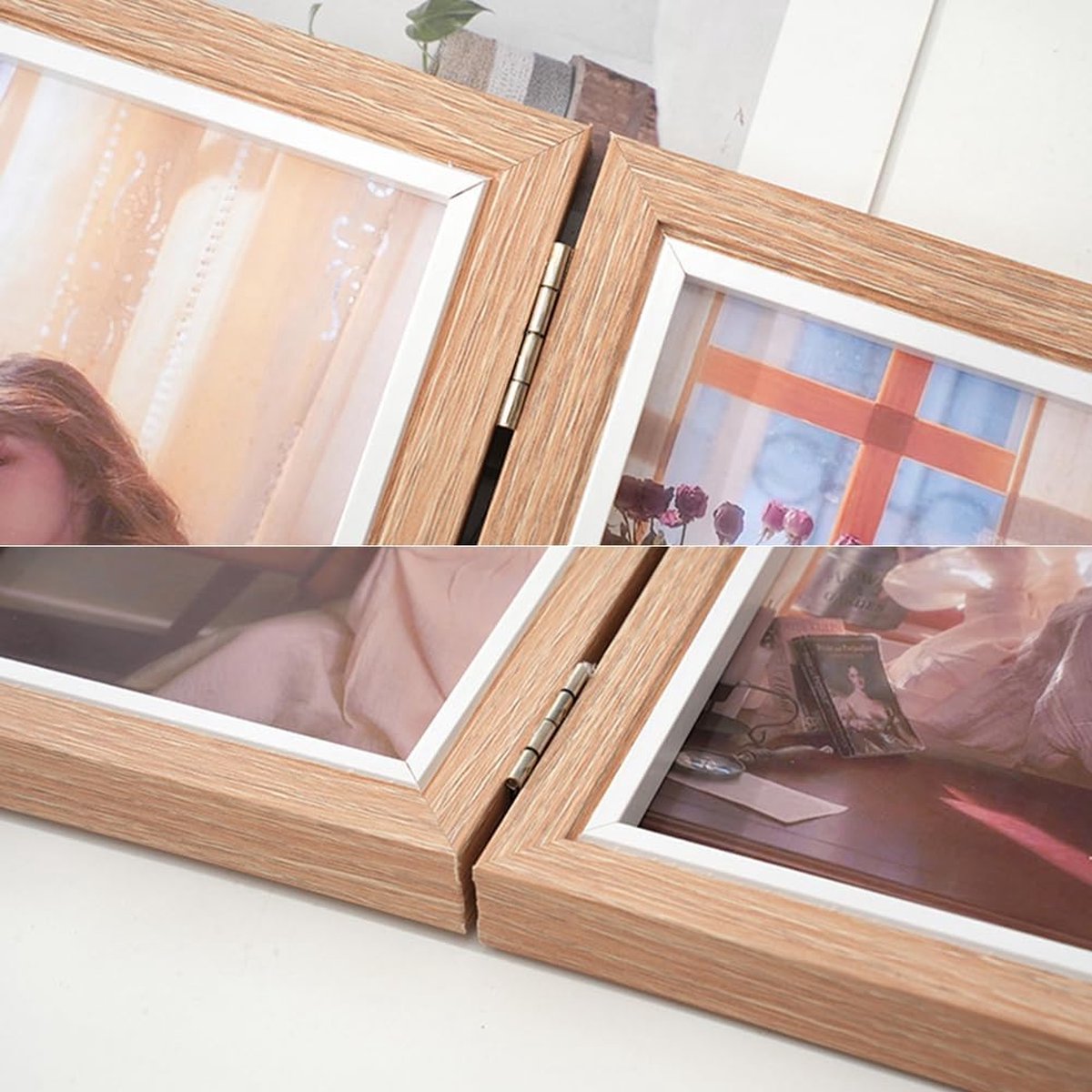 Cadre Photo Double Pliable 10x15 Cm – En Bois Et Acrylique, Pour 2 Photos, Affichage Sur Table