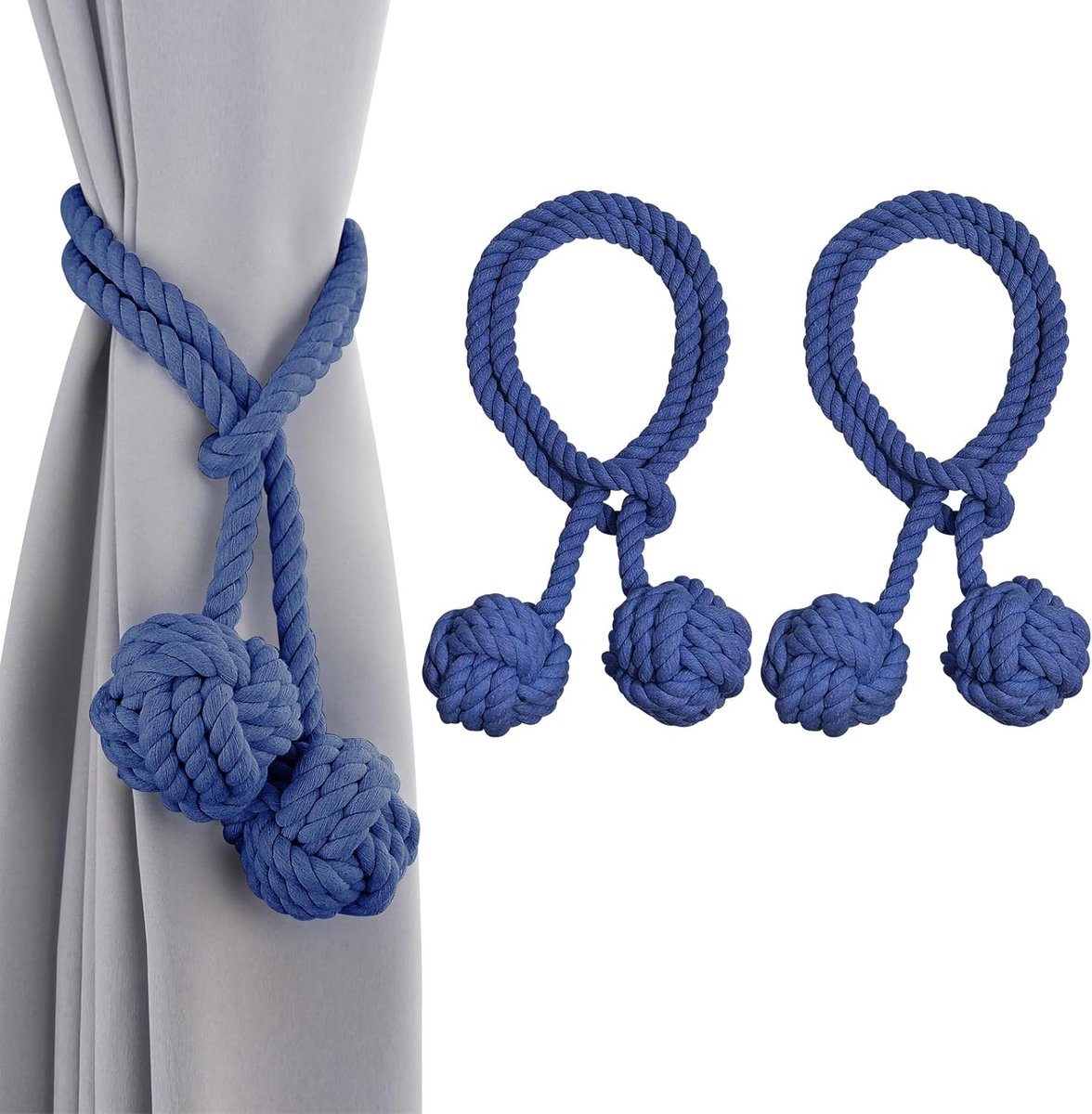 2 stuks gordijngordijnhouders, gordijn trekkoord, handgebreid touw met bal (blauw)