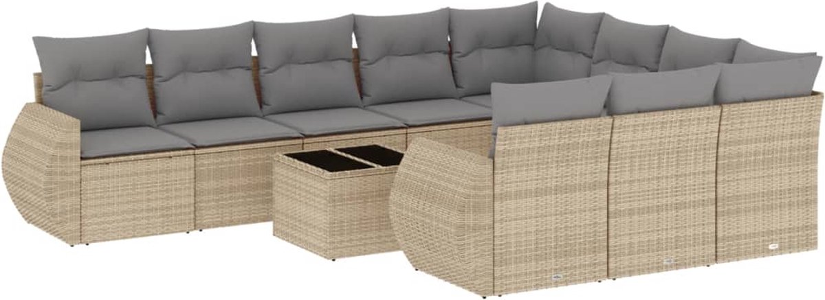 vidaXL 11-delige - Tuinset - met - kussens - poly - rattan - beige
