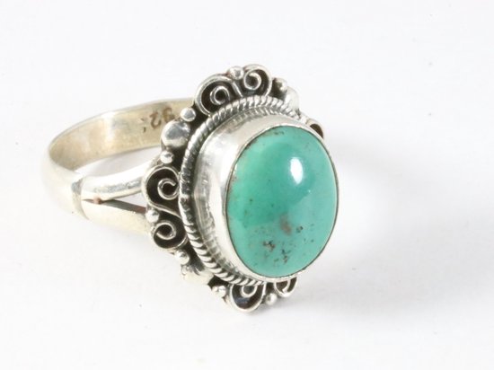 Bewerkte zilveren ring met Tibetaanse groene turkoois - maat 18.5
