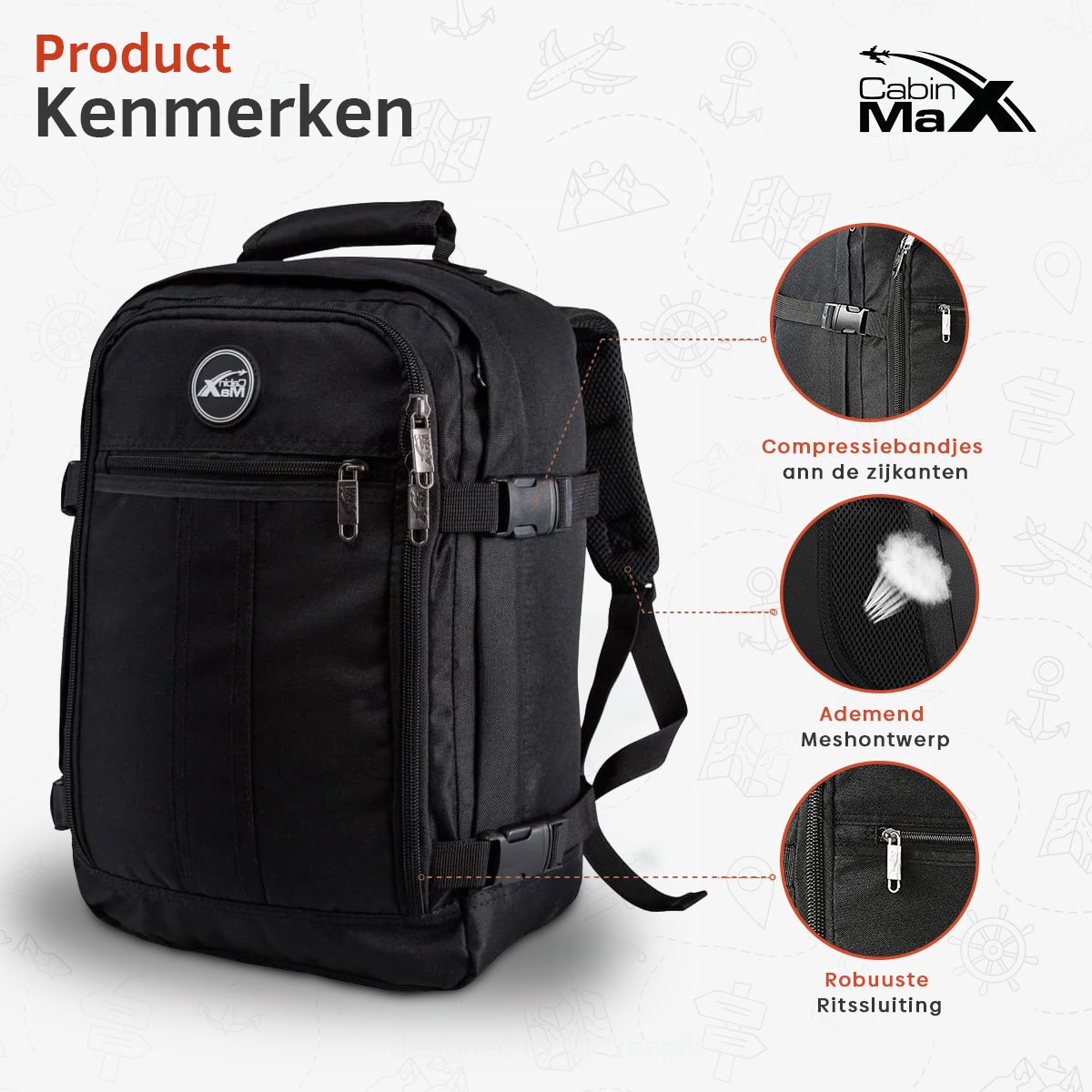 CabinMax Metz Reistas – Handbagage 24L Ryanair / Wizz Air – Rugzak Transavia – Schooltas - 40x30x20 cm – Compact Backpack – Lichtgewicht – Zwart – foto 2
