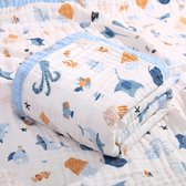 Musseline Deken 6-laags knuffeldeken baby katoen 110 x 110 cm mousseline babydeken wikkeldeken zachte deken voor badhanddoek, kinderdeken pasgeborenen unisex (blauw oceaan)