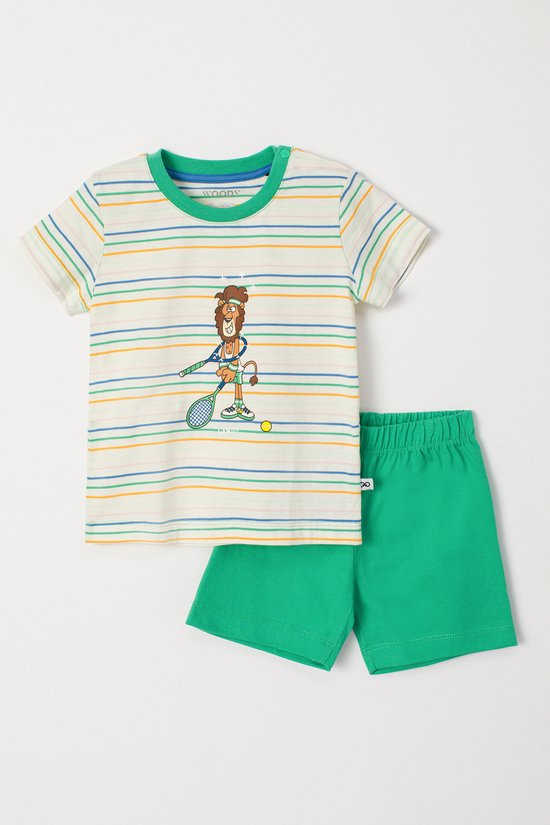 Woody pyjama baby jongens - groen gestreept - leeuw - 241-10-PSS-S/910 - maat 74