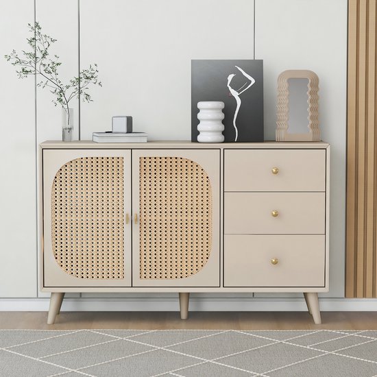 Sweiko Woonkamer ladekast, opbergkast, zijpaneel, TV tafel, met deuren en lades, met grote opbergruimte, beige, breedte 120 cm