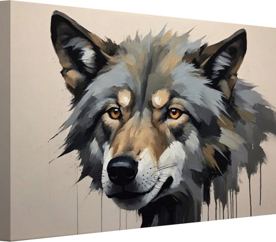 Gezicht wolf schilderij - Wolf schilderij - Canvas schilderij Dier - Muurdecoratie landelijk - Schilderijen op canvas - Muurkunst 90x60 cm